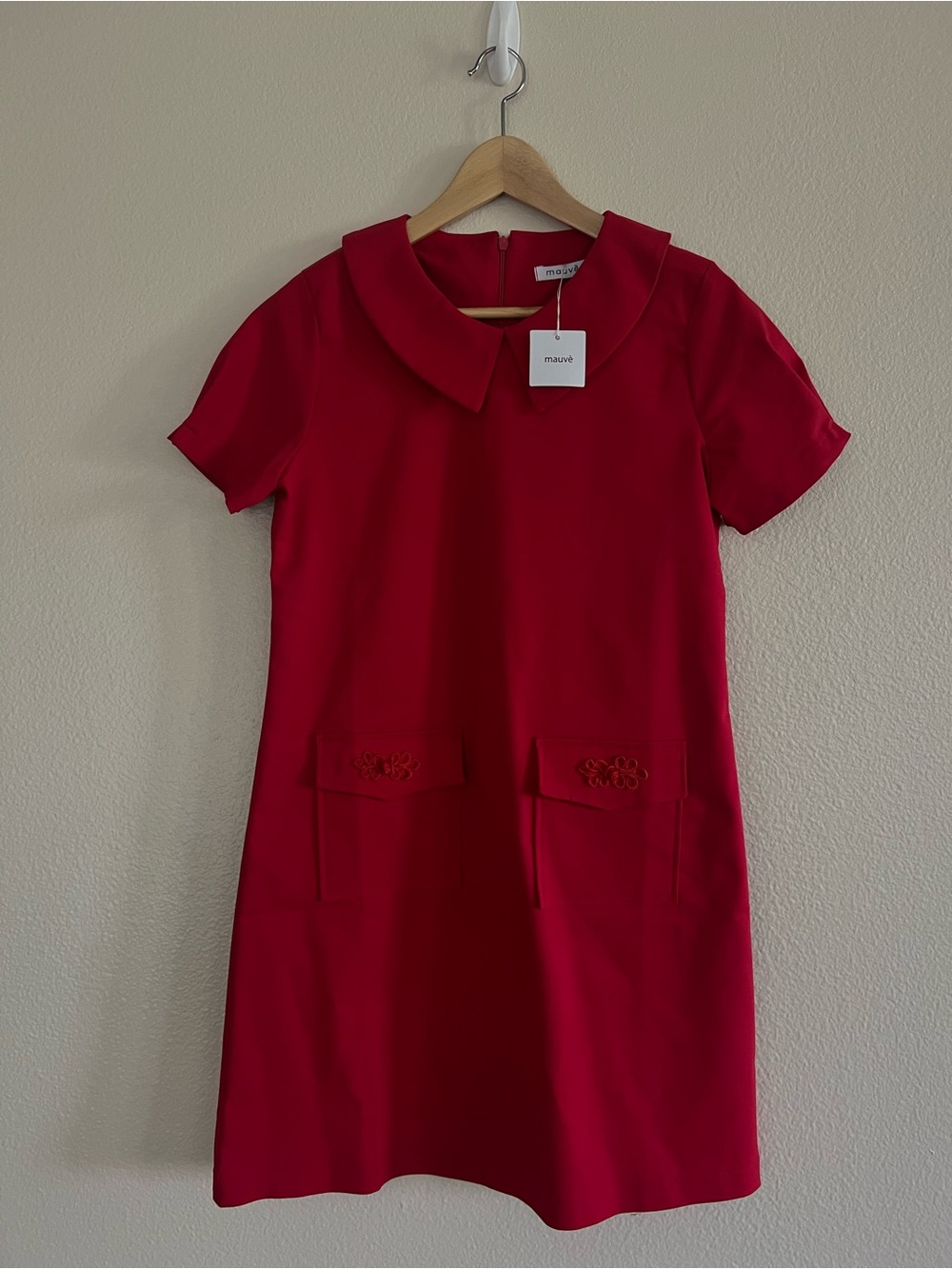 Red Short Sleeve Shift Dress with Peter Pan Collar